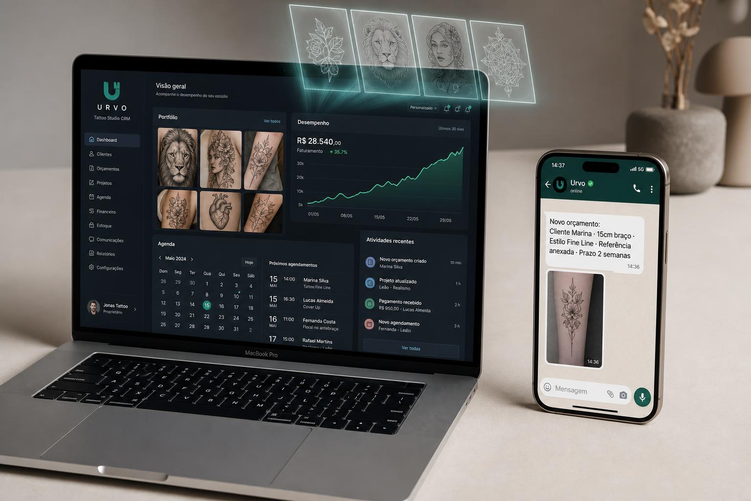 Dashboard Urvo.fr no MacBook e mensagem de orçamento chegando no WhatsApp do iPhone